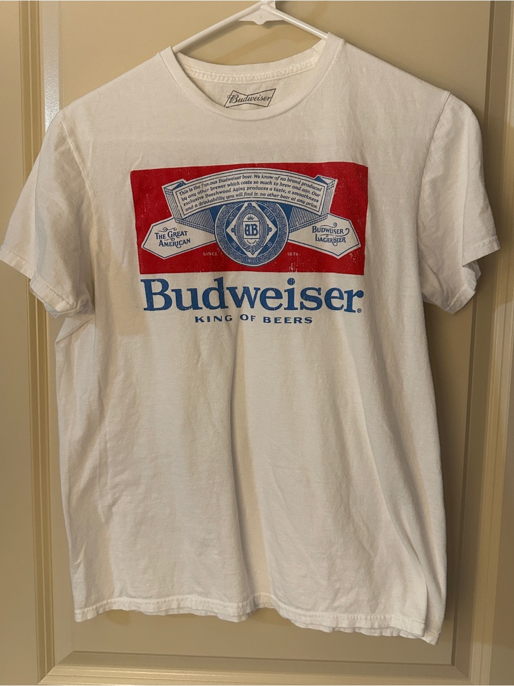 Budweiser White Short Sleeve Tee with Red and Blue Logo Mens medium